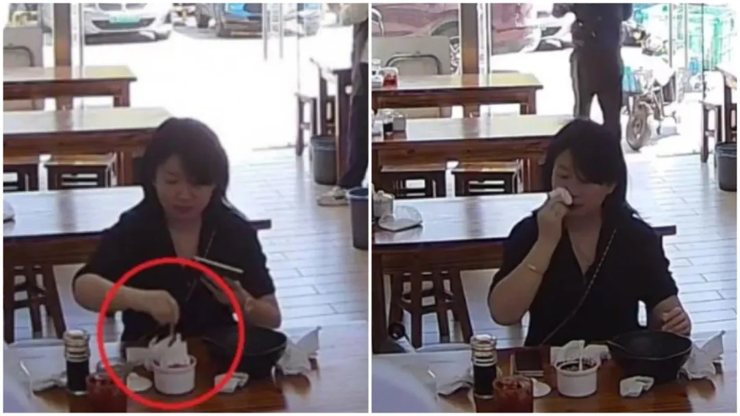 上海一名光鮮亮麗女子，麵店用餐後將擦過鼻涕衛生紙塞進公用辣油罐裡。（圖／翻攝微博）