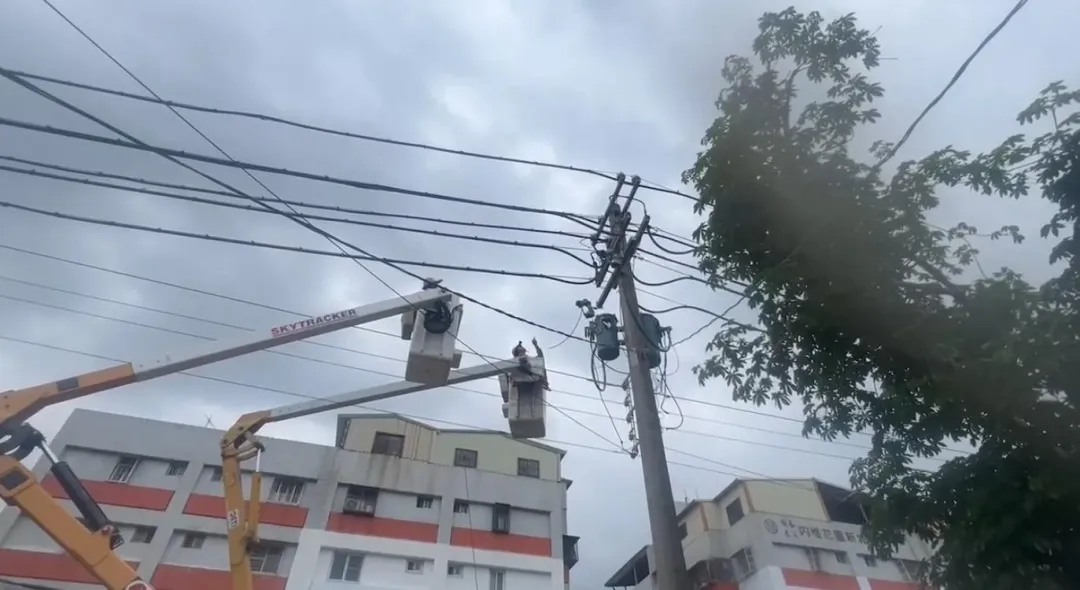 電桿遭松鼠碰觸,導致引下線燒損。(圖/中天新聞)