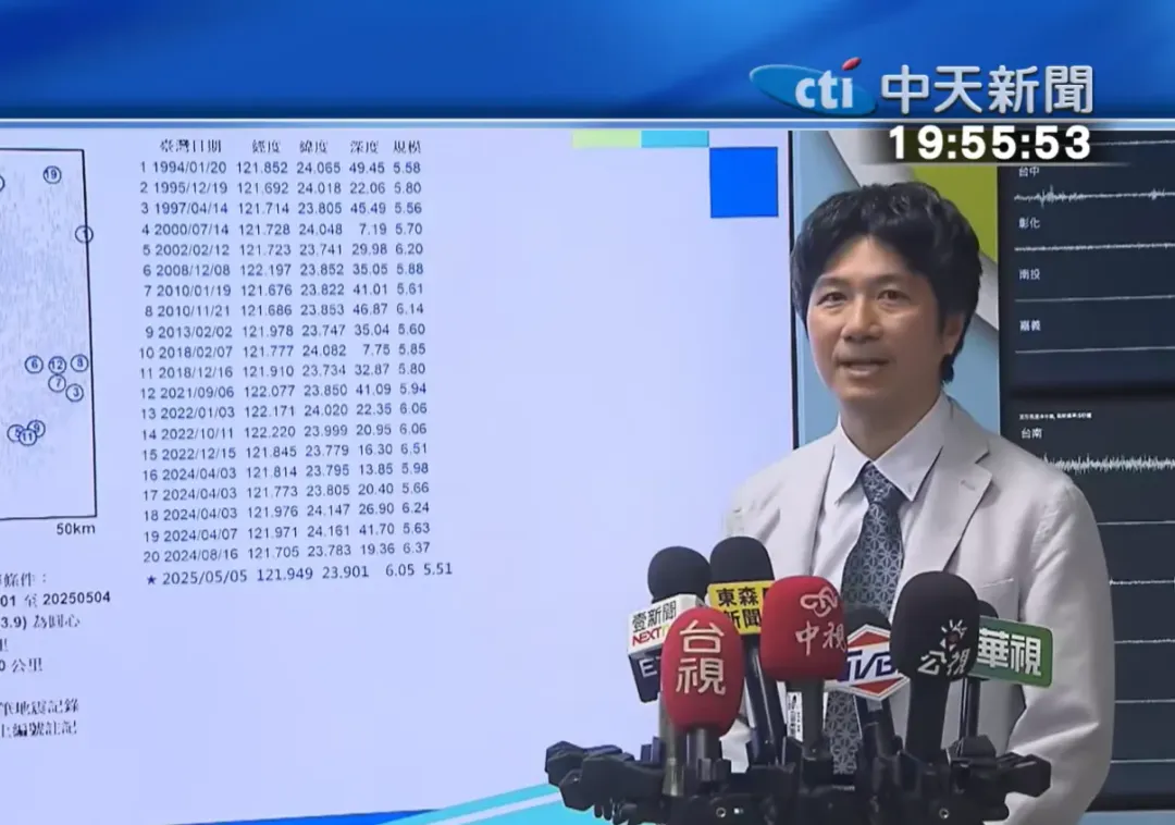邱俊達指出，5日晚間地震震央約方圓30公里一帶在過去30年內，規模5.5以上地震紀錄達20次。（圖／中天新聞）