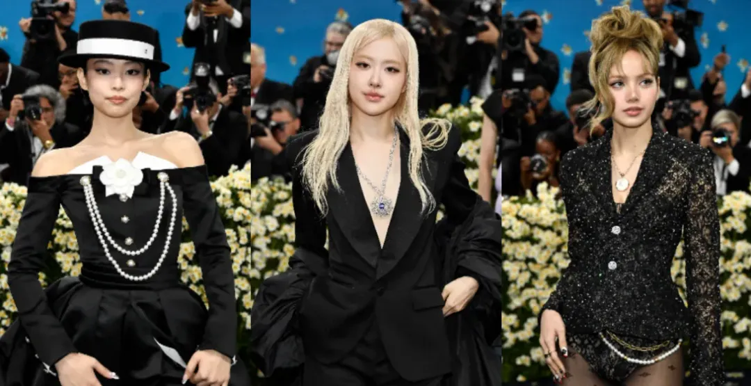 Jennie（左起）、Rosé、Lisa 6日出席Met Gala。（圖／AP）