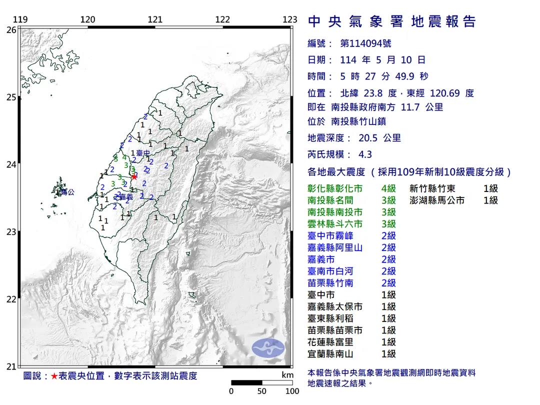 南投竹山一早連2震。（圖／中央氣象署）