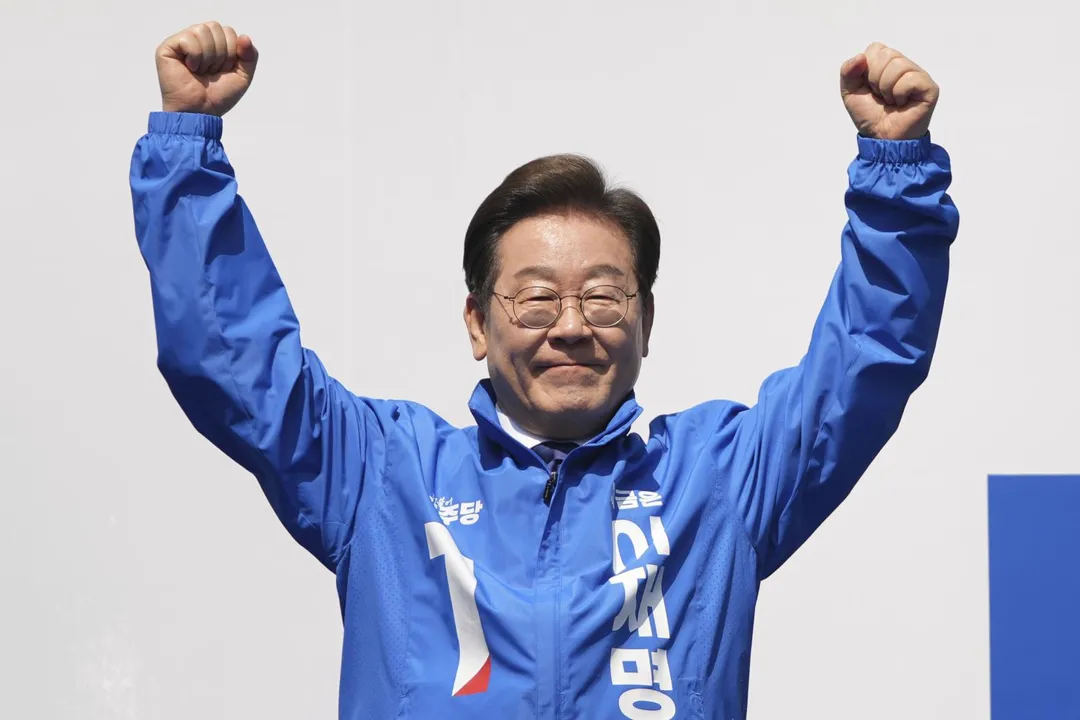 李在明12日出席首爾的競選活動。(圖/美聯社)