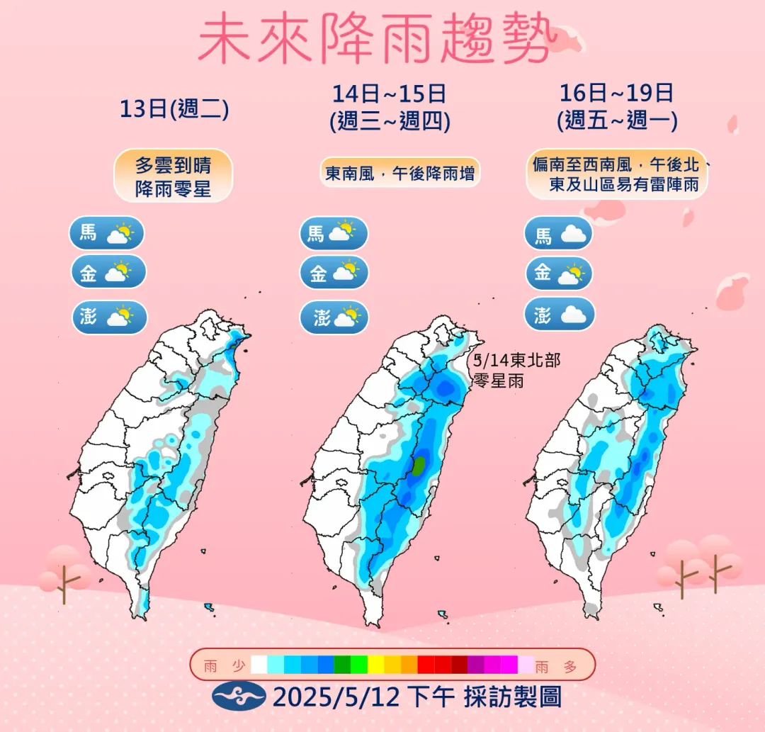 未來1週天氣多雲到晴，各地主要注意午後降雨或雷陣雨發生。（圖／中央氣象署提供）