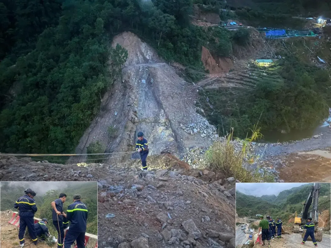 救難人員從山崩現場運出罹難者遺體。（圖／翻攝自Facebook@Công an tỉnh Lai Châu）