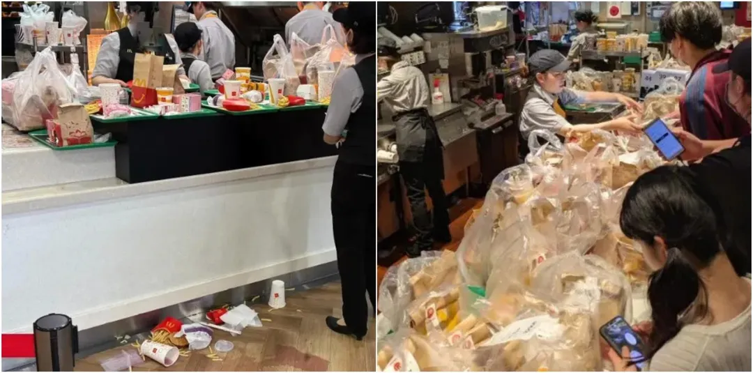 有黃牛以及代購業者買完兒童餐只拿走玩具，餐點放在櫃台不領，甚至有漢堡薯條都掉在地上。（圖／翻攝X）