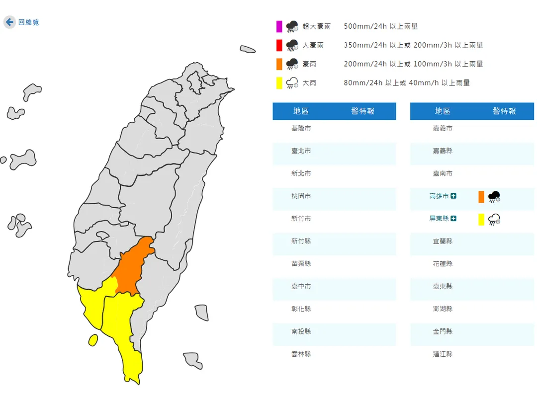 高雄及屏東發布豪雨、大雨特報。（圖／中央氣象署）
