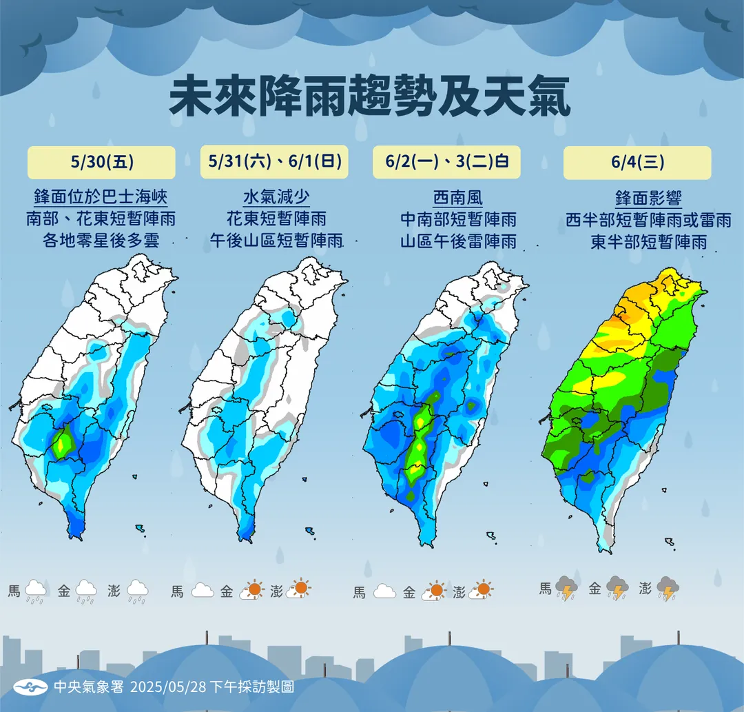 端午連假期間天氣轉乾，直到下週後半新鋒面再帶來降雨。（圖／中央氣象署提供）