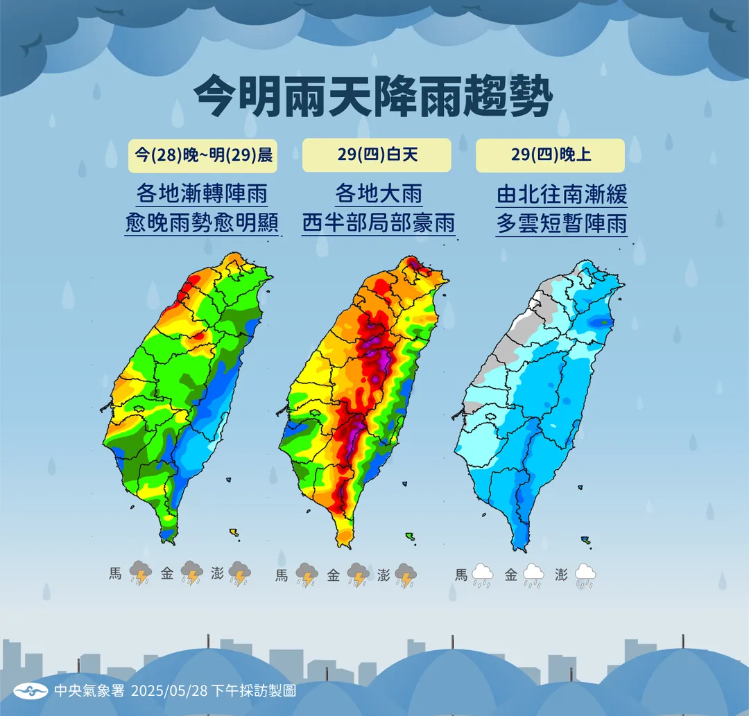 鋒面逐漸接近台灣，28日至29日全台各地有雨，以29日白天各地雨勢較明顯。（圖／中央氣象署提供）