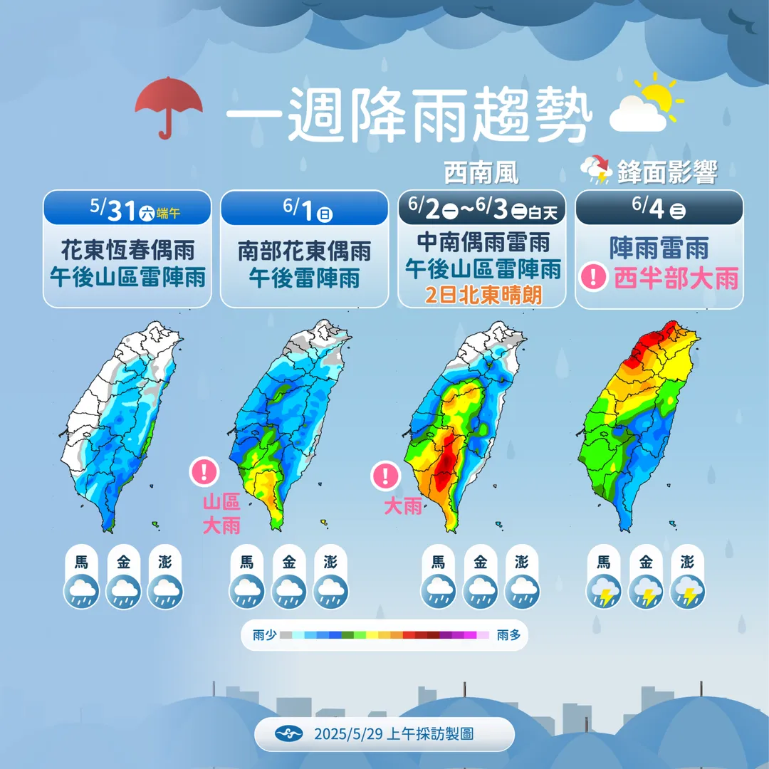 全台端午連假後恢復降雨天氣,尤其西半部要注意局部大雨。(圖/中央氣象署提供)