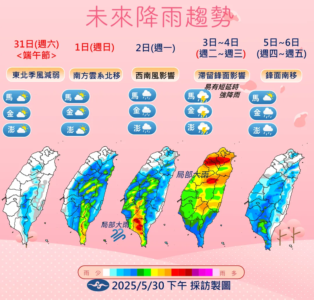 下週南方雲系北移、鋒面接近，全台各地都有降雨機會。（圖／中央氣象署提供）