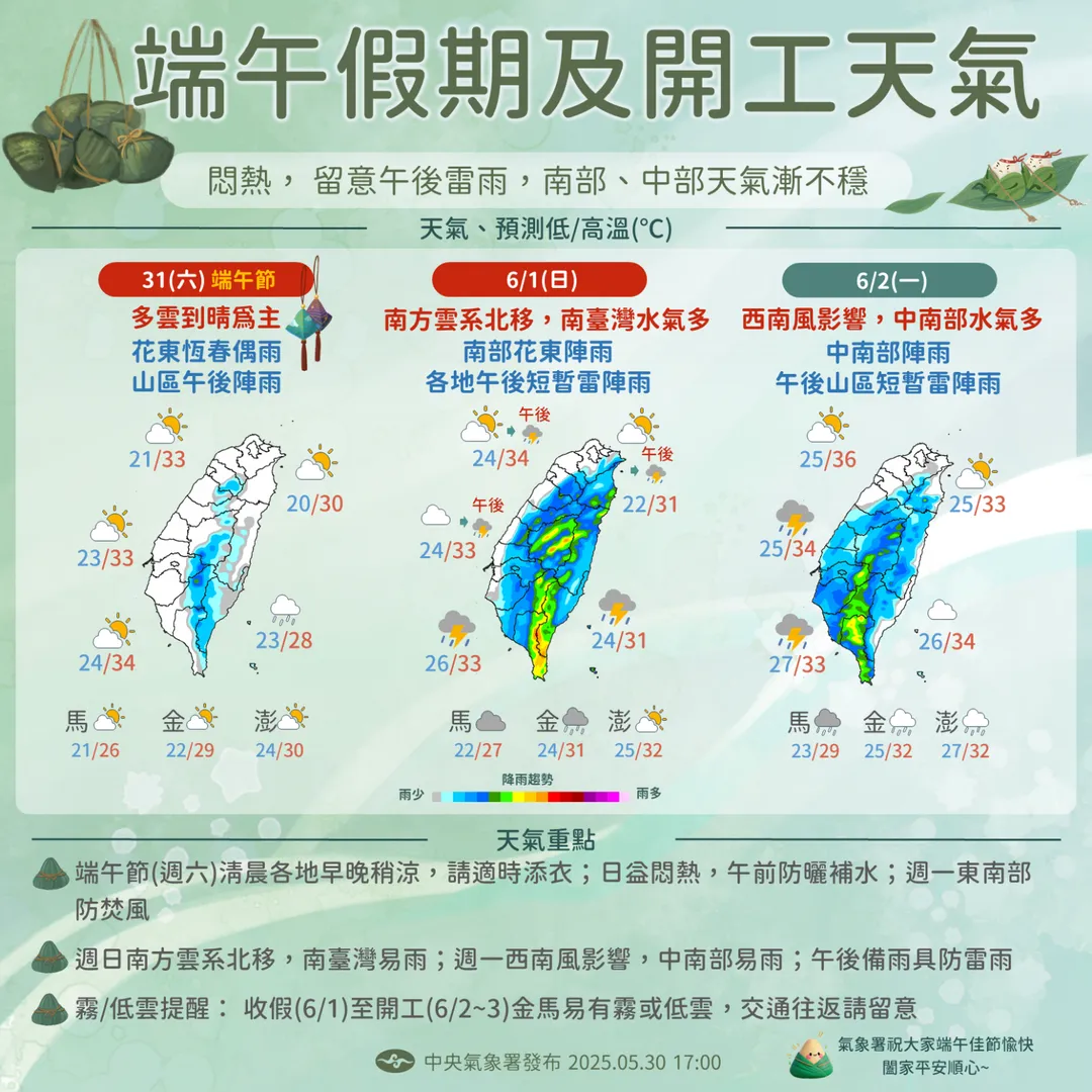 連假期間天氣略有變化，6月1日起雨區擴大，午後易有雷陣雨發生。（圖／中央氣象署提供）