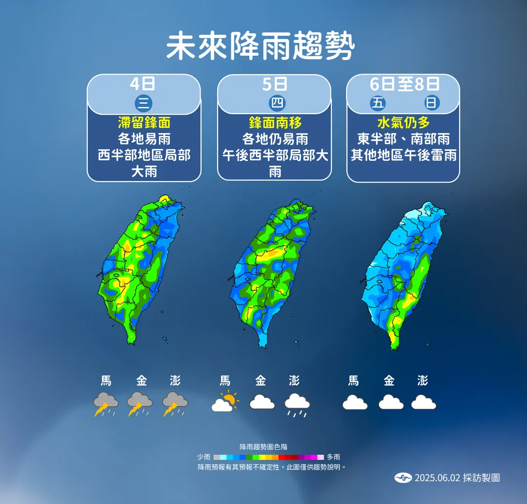 台灣即將迎來梅雨季第5波鋒面，預計3日下午起全台將出現明顯降雨，各地需嚴防強降雨。（圖／氣象署）