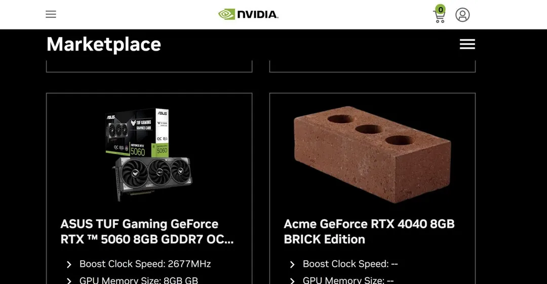 NVIDIA美國官方網站近日出現「磚塊版」顯示卡。(圖/翻攝自NVIDIA美國官網)