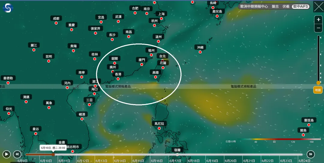 AI預報模式「歐中AIFS」與另2個模式預測結果大致相似。（圖／翻攝自香港天文台官網地球天氣）