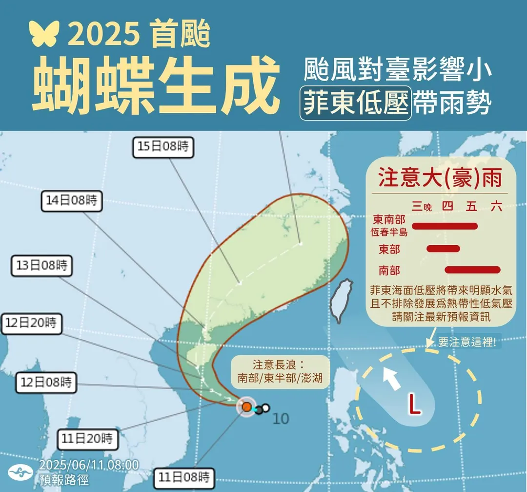 蝴蝶颱風未來路徑。（圖／翻攝自臉書粉專「報天氣 - 中央氣象署」）