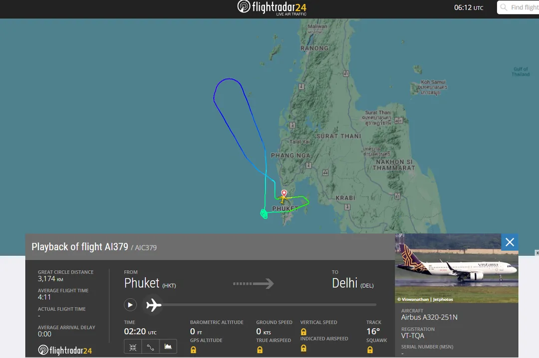 該班機在安達曼海繞一圈後返回泰國。（圖／翻攝Flightradar24）