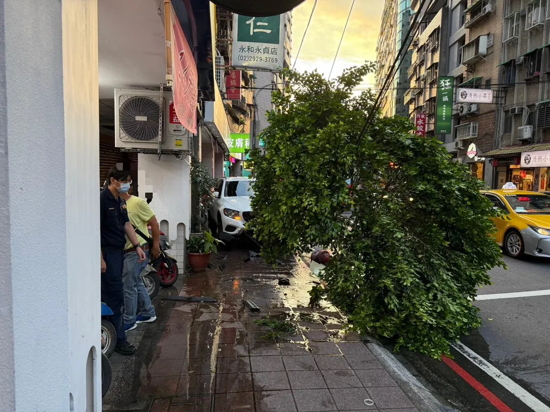 中和一輛白色轎車失控衝上人行道，不僅撞斷公車站牌及消防栓，還造成一名正在等候公車的70多歲婦人受傷。（圖／翻攝畫面）
