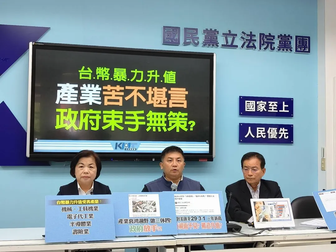 國民黨團舉行記者會,砲轟賴政府漠視新台幣暴力升值,造成許多台灣出口商慘賠。左起楊瓊瓔、吳宗憲、賴士葆。(圖/國民黨立院黨團提供)