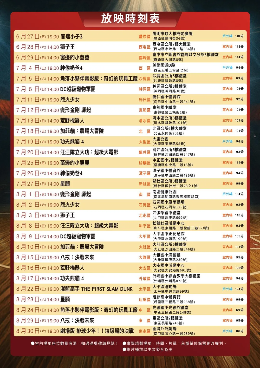 「2025台中電影Fun-In季」放映時刻表。
