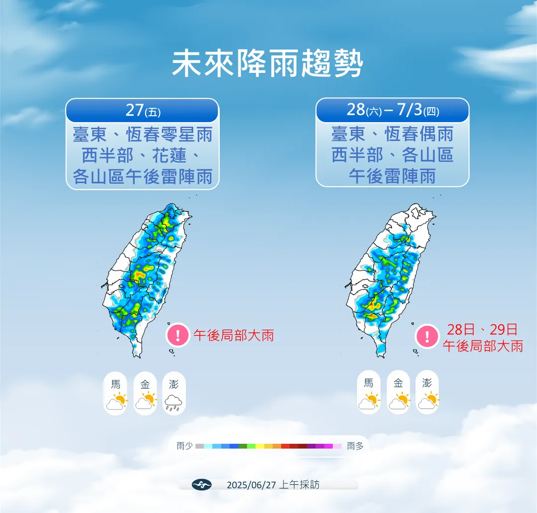 夏季天氣型態持續，未來1週各地以午後雷陣雨為主。（圖／中央氣象署）