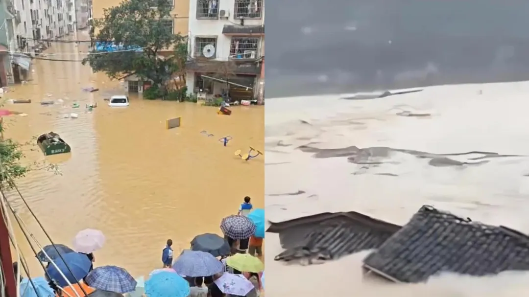 貴州榕江又現暴雨,有苗寨房屋被洪水沖走。(圖/翻攝微博)