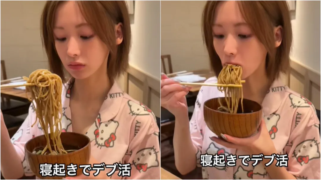 日本正妹Mina上傳一口吃蕎麥麵影片而意外爆紅。（圖／翻攝自mina14504@TikTok）