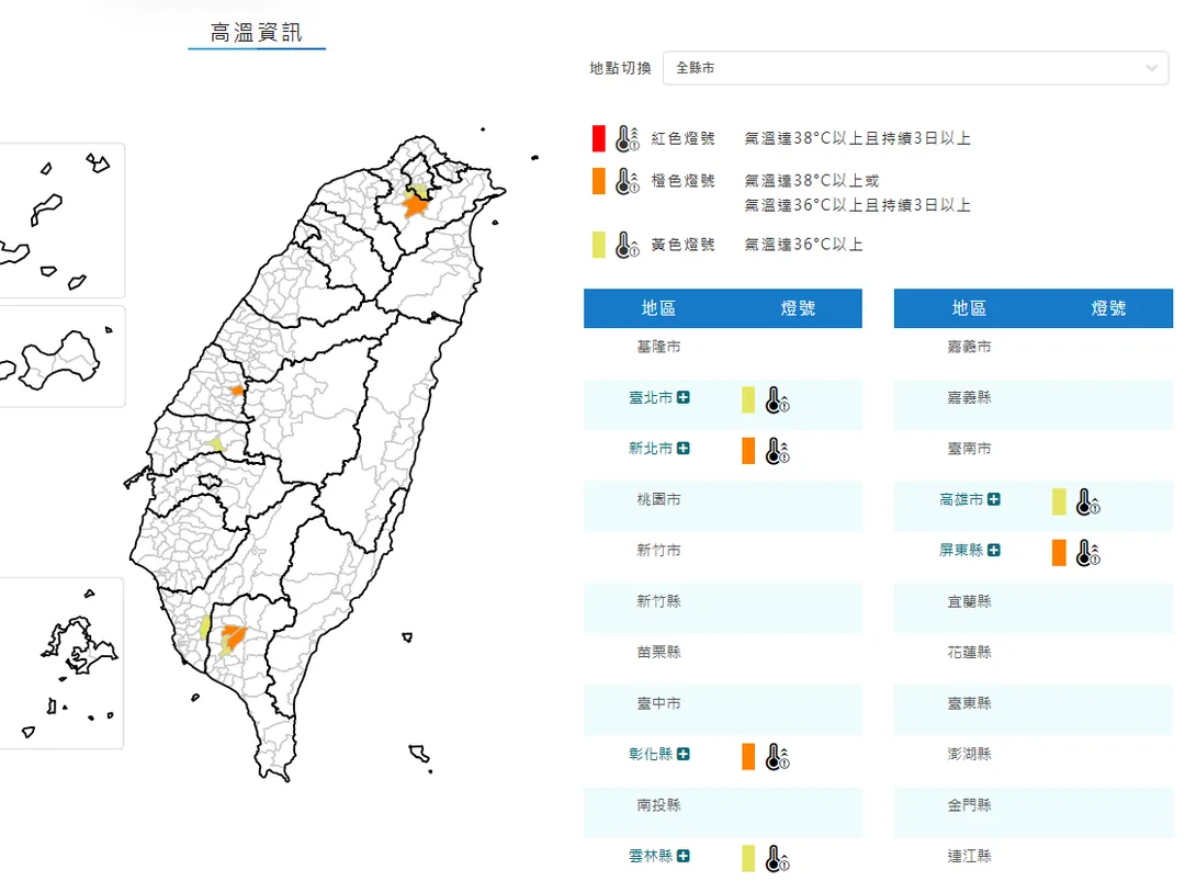 「6縣市」高溫特報。（圖／翻攝自氣象署）