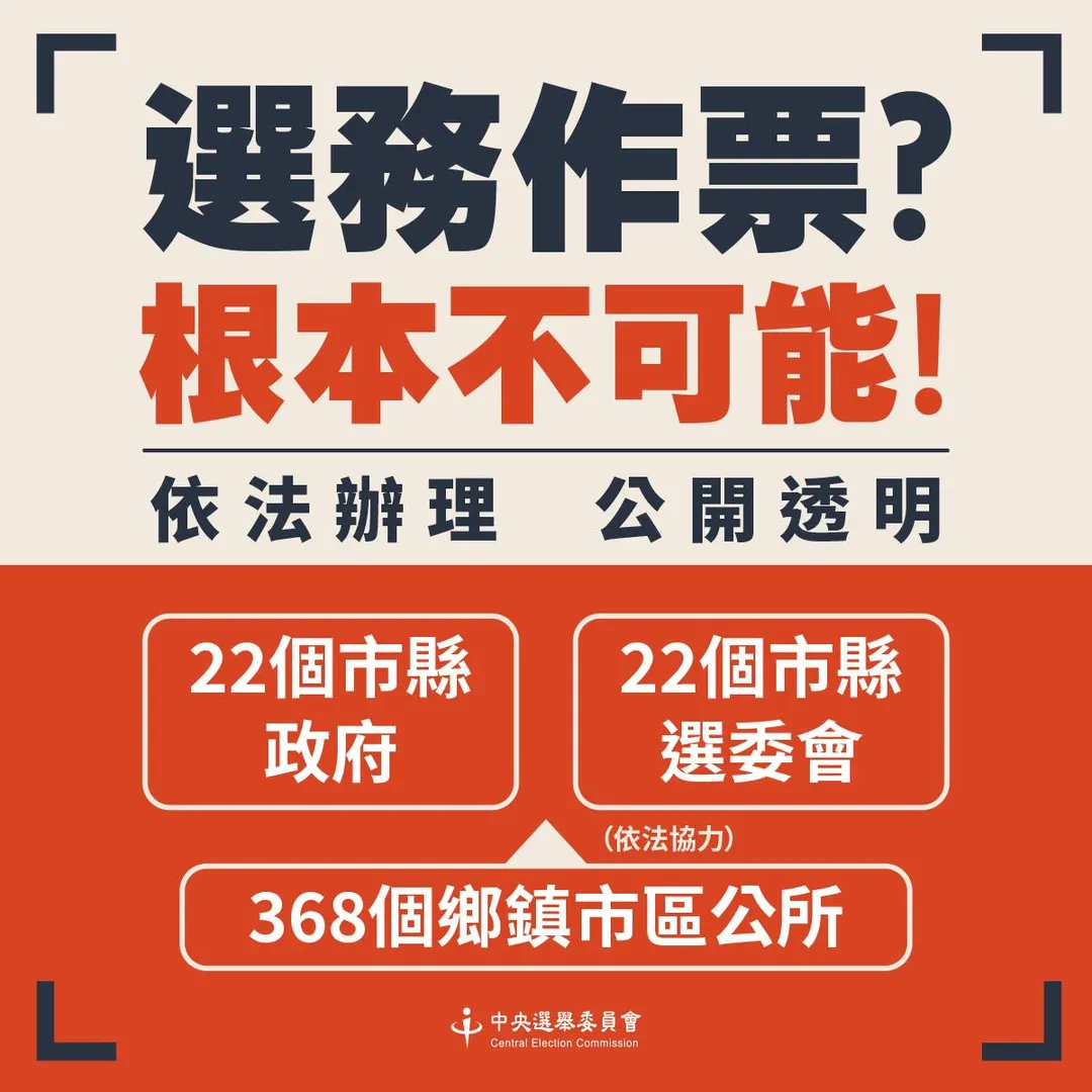 中選會今(4日)表示,選務機關不可能作票。(圖/中選會提供)