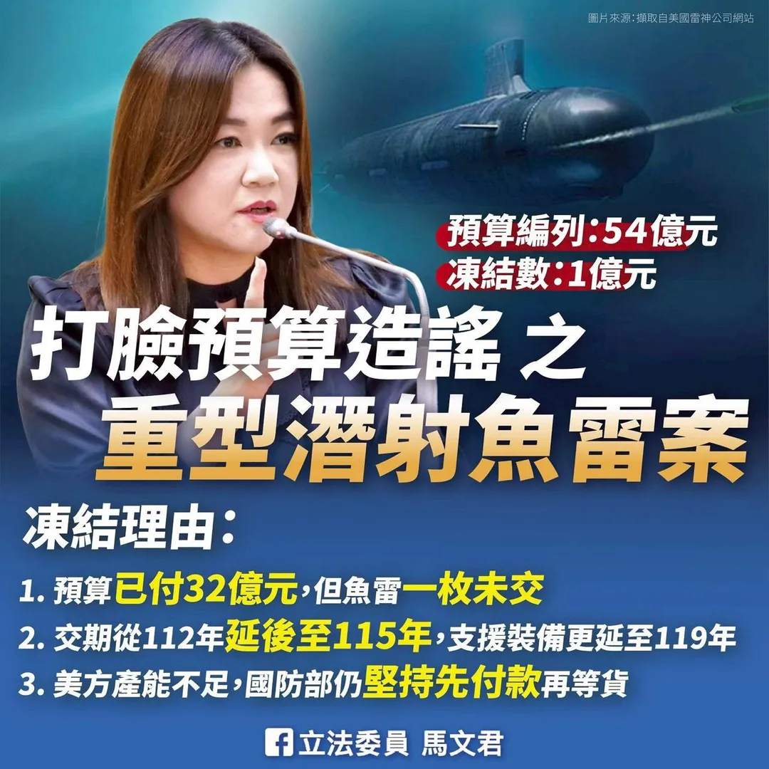 馬文君指出,魚雷預算已付32億但卻一枚都沒交。(圖/馬文君臉書)