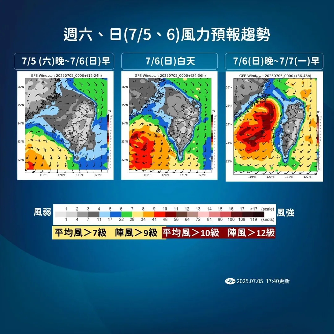 5日至7日颱風影響期間,台灣海峽一帶風力逐步增強。(圖/中央氣象署提供)