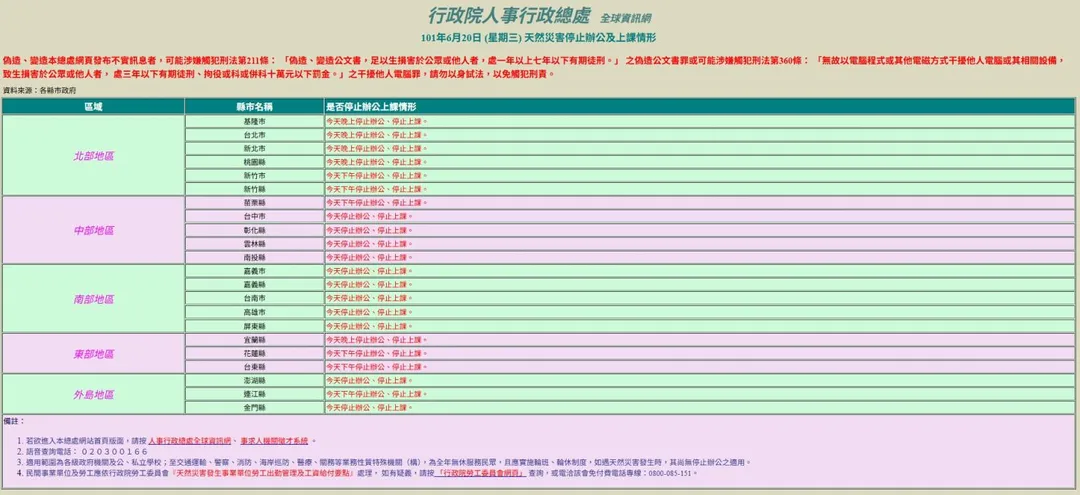 2012年泰利颱風曾造成全台一度停班課。(圖/翻攝自行政院人事行政總處網站)