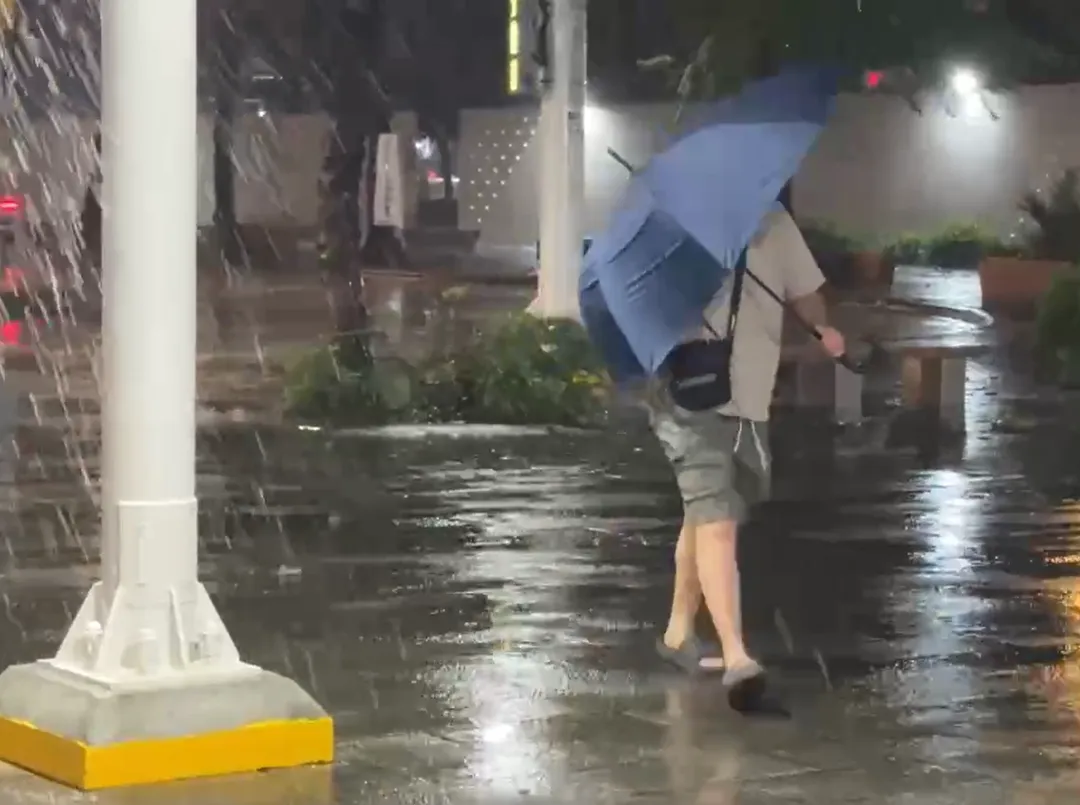 台南市各處颳風下大雨，民眾撐傘艱難前進。（圖／中天新聞）