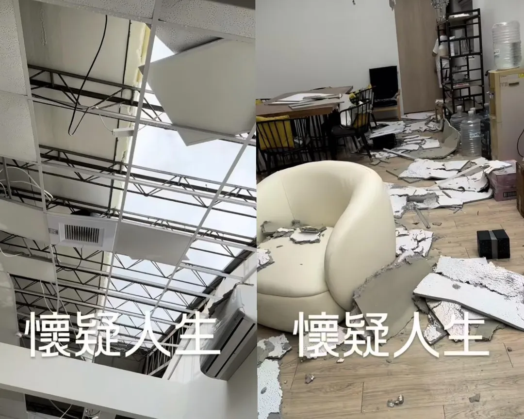 知名電商疲老闆7日在社群平台分享災情，工作室屋頂被吹飛、天花板掉落讓他直呼懷疑人生。（圖／翻攝自疲老闆IG）