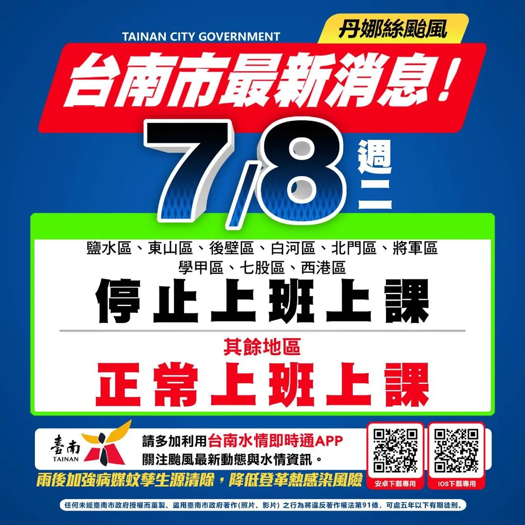 台南市政府今（7）日晚上8點宣布，鹽水、東山、後壁、白河、北門、將軍、學甲、七股、西港等9區，明日(8)日停止上班、停止上課，其餘區照常上班、照常上課。（圖/台南市政府提供）