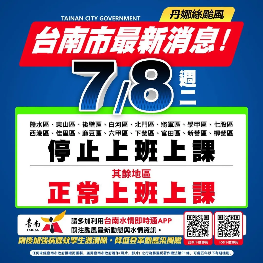 台南市政府今（7）日晚間8點55緊急宣布，8日停止上班、停止上課的行政區從原定的9個增加至16個。（圖/翻攝自黃偉哲臉書）