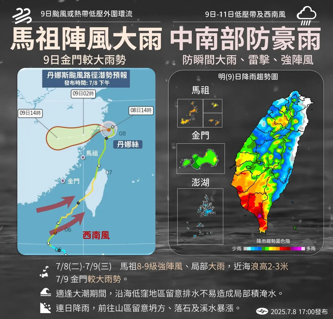 中南部9日需留意豪雨發生，金門、馬祖提防8級至9級強陣風和局部大雨。（圖／中央氣象署提供）