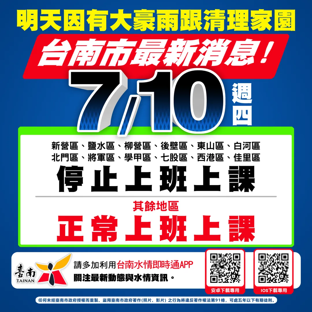 台南市政府宣布12行政區10日停班停課，以防災情持續發生。（圖／台南市政府提供）