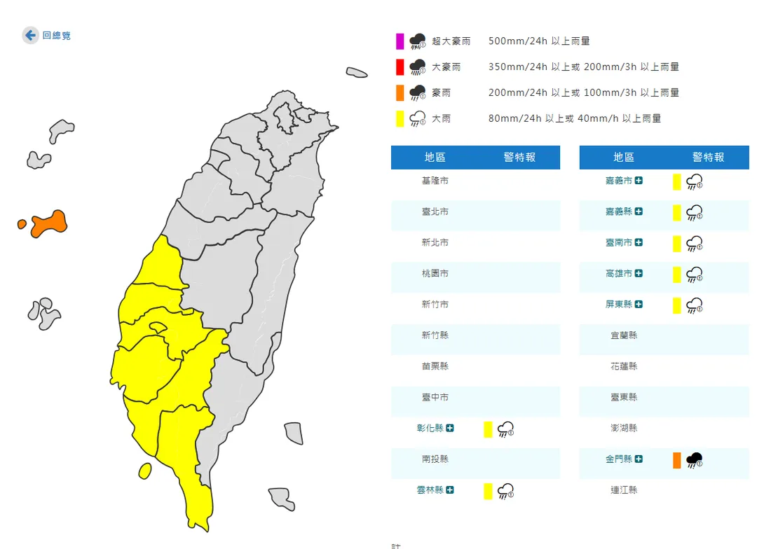 8縣市發布豪雨、大雨特報。（圖／中央氣象署）