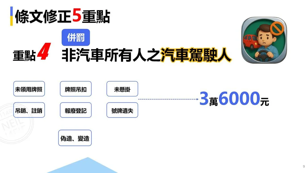 非汽車所有人之汽車駕駛人最高罰3萬6000元。（圖／翻攝臺東縣警察局交通警察隊粉專 ）