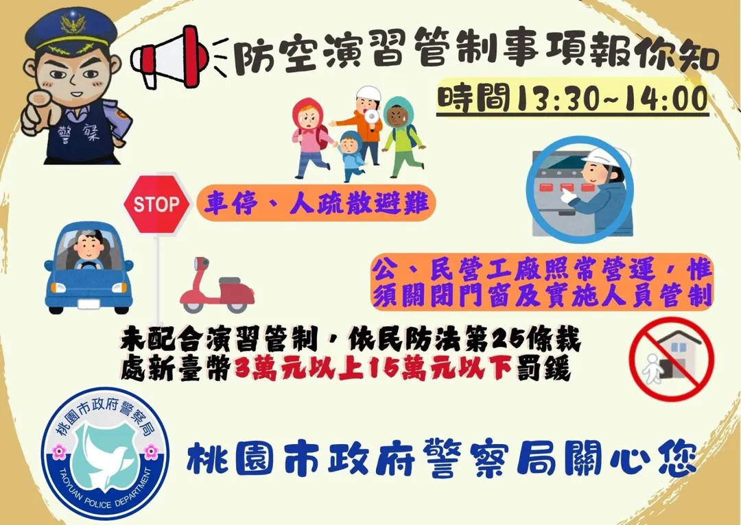 桃園市政府警察局提醒民眾防空演習管制事項。（圖/取自桃園市政府官網）