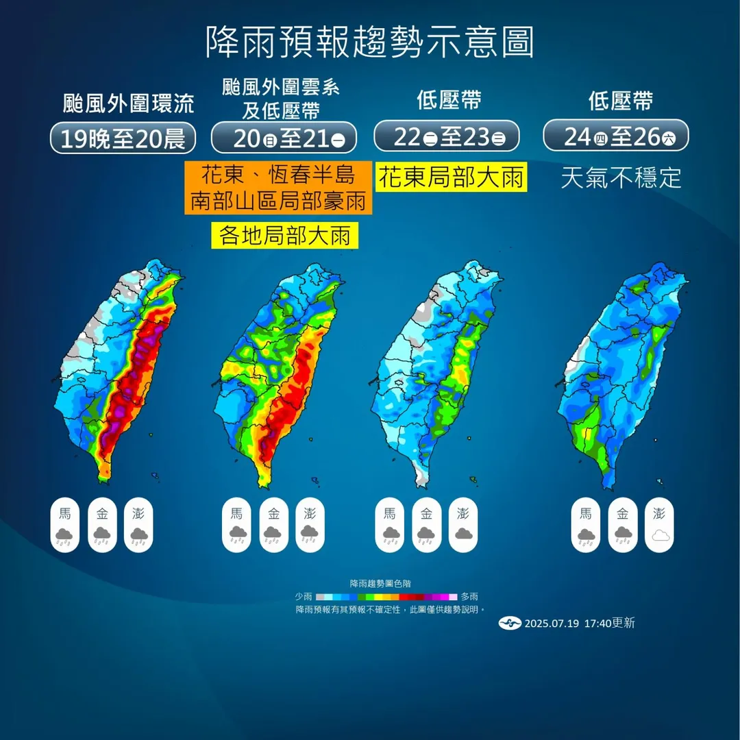 雖然薇帕颱風逐漸遠離，但其外圍環流仍持續影響台灣，氣象署已針對多個地區發布豪雨特報。（圖/氣象署提供）