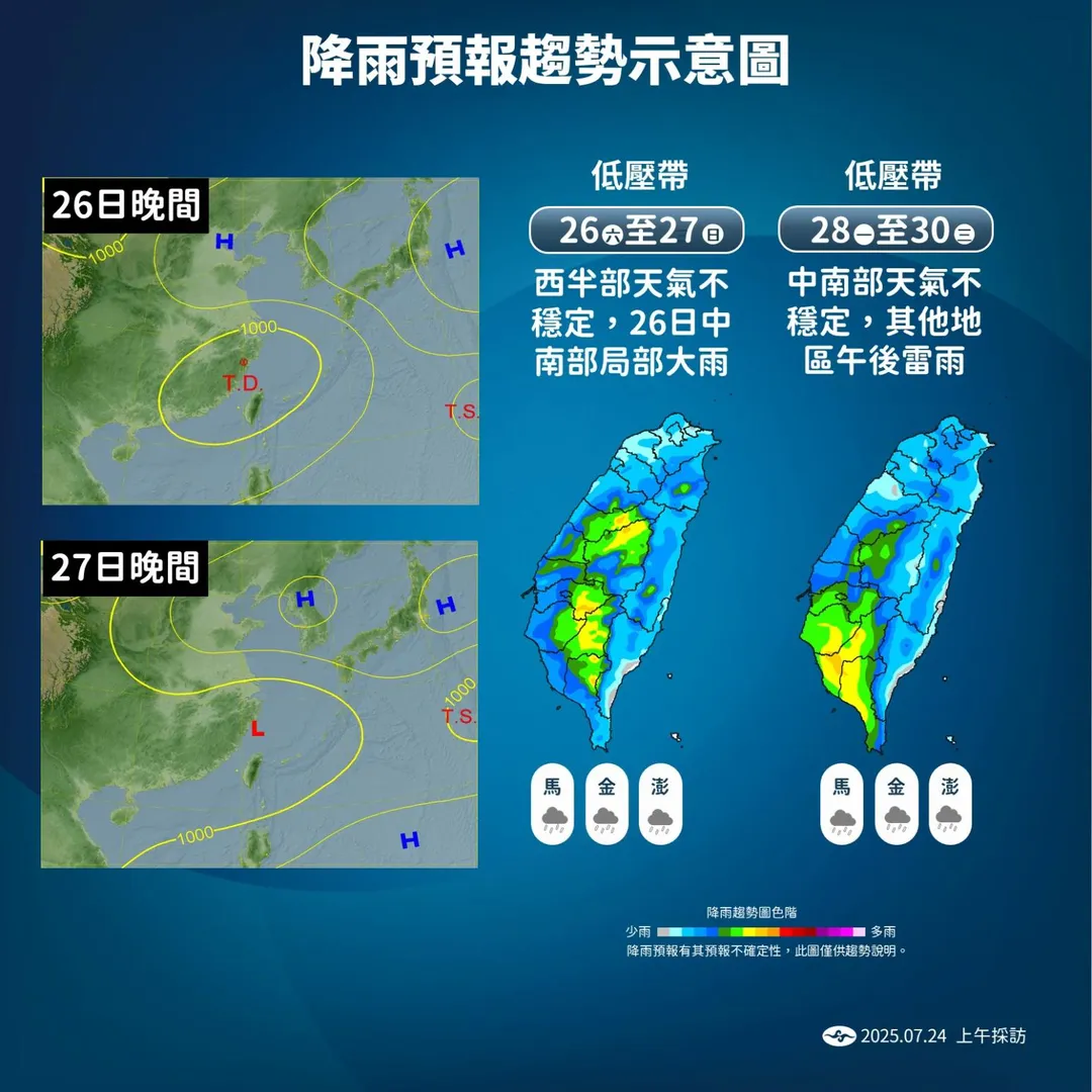 週六（26）日大罷免投票日全台均有降雨機率。（圖／中央氣象署）