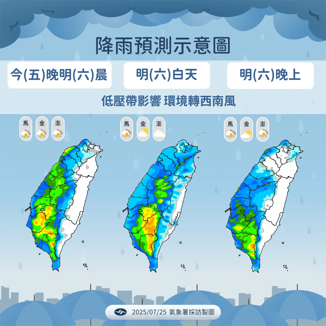 未來1週中南部持續有雨，各地則需注意午後雷雨發生。（圖／中央氣象署提供）