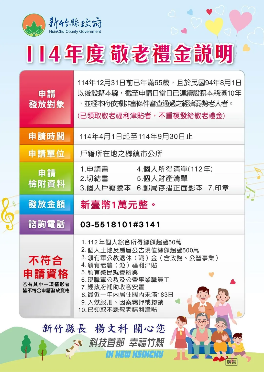 新竹縣敬老禮金申請方式、條件一次看。（圖／翻攝自新竹縣政府臉書）