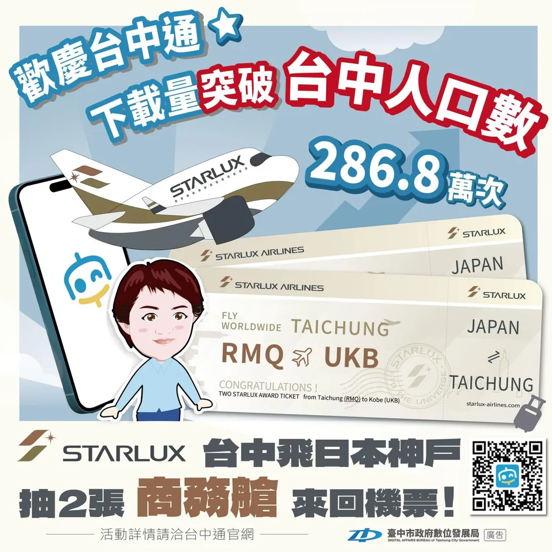 截至今日《台中通》APP目前下載次數超越286.8萬次，正式突破台中人口總數。（圖／台中市數位局）