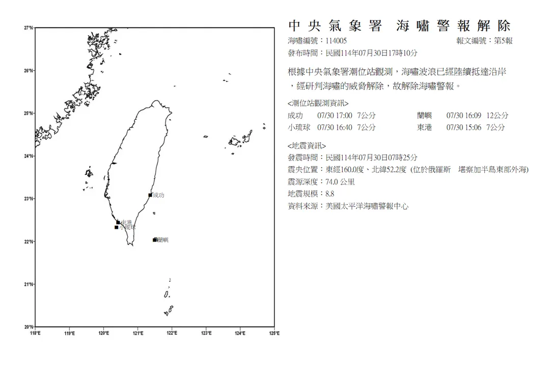 氣象署解除海嘯警報。（圖／氣象署）
