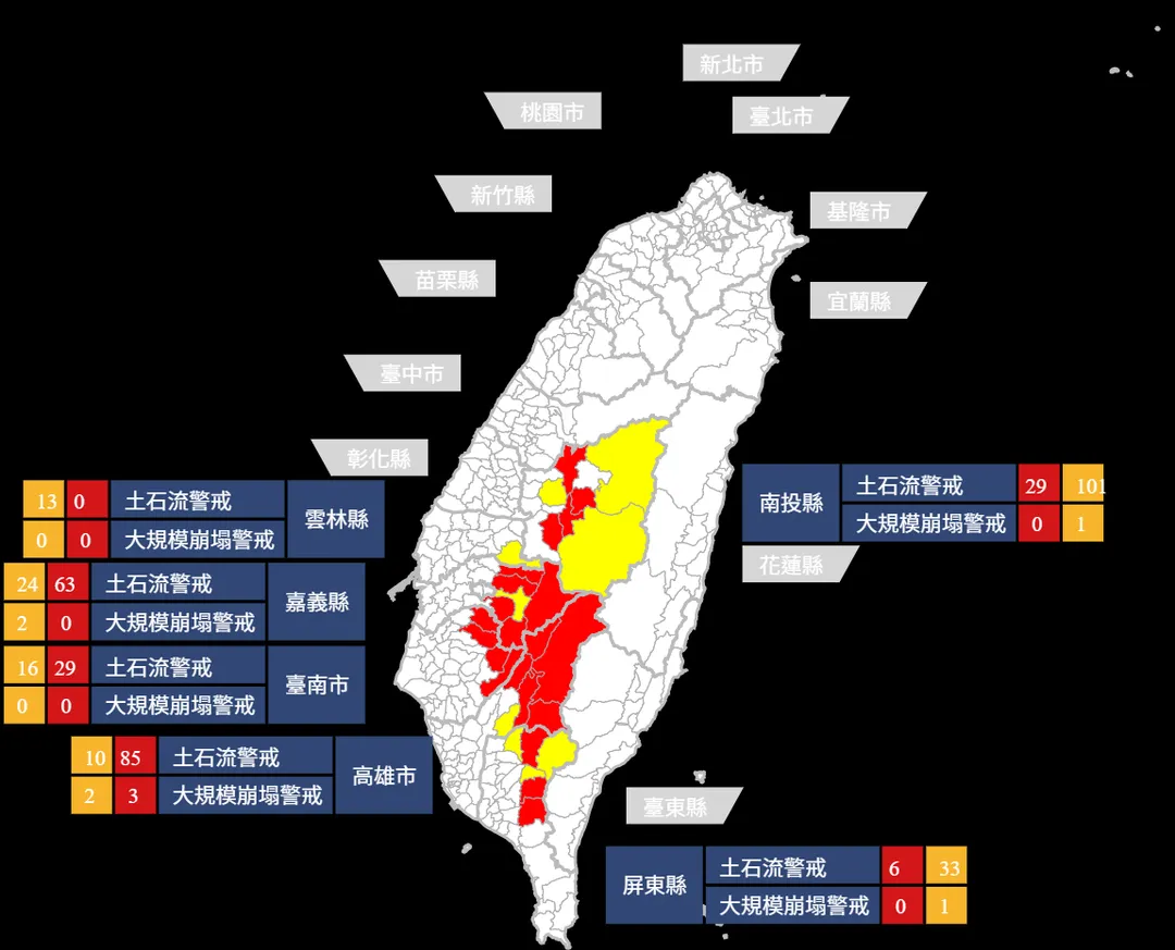 農村水保署針對中南部地區發布土石流警戒與大規模崩塌警戒。（圖／翻攝自土石流及大規模崩塌防災資訊網）