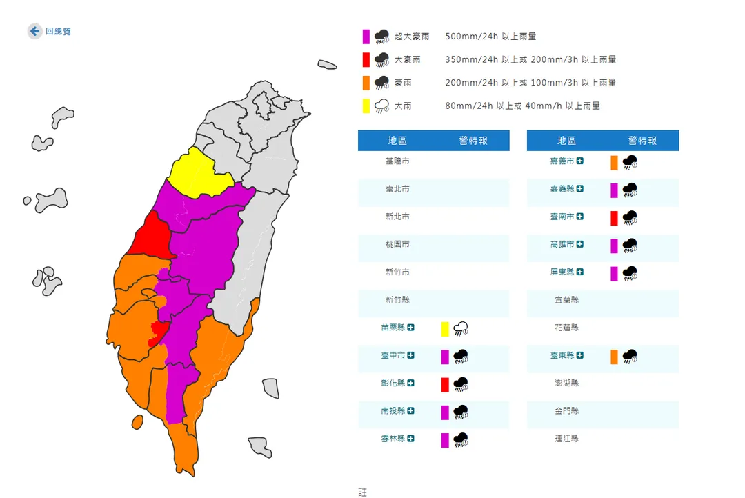 11縣市發布超大豪雨、大豪雨、豪雨、大雨特報。（圖／中央氣象署）
