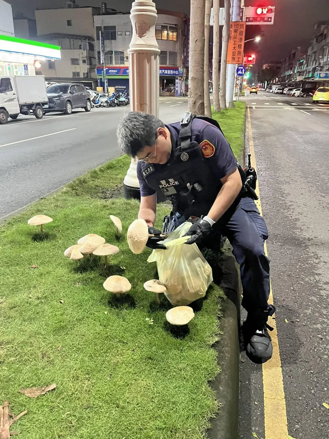 警察小心摘取香菇。（圖／中天新聞）