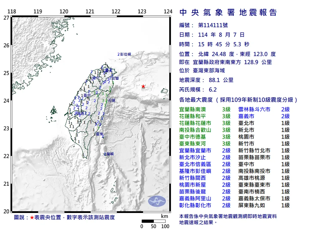 台灣東部海域於7日下午3時45分發生規模6.2地震。（圖／氣象署）